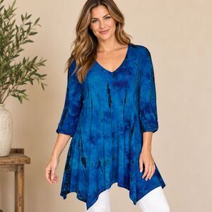 Pure Intent Tie Dye Tunic Top Blue V Neck Sharkbite Hem 3/4 Sleeve Made USA